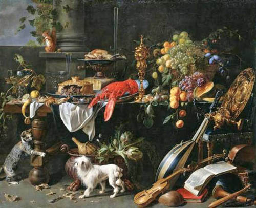 Adriaen van Utrecht (Flemish Baroque Era Painter, 1599-1652) Still Life with Dog and Cat